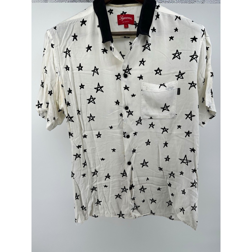 Supreme Star Print Devil Back Polo Shirt Mens L White Black Pocket Cotton